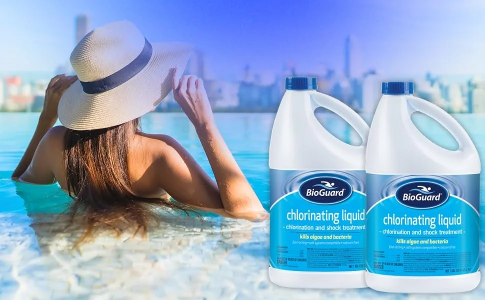 A woman in a pool with a city skyline in the background, wearing a wide-brimmed hat, with two bottles of BioGuard chlorinating liquid in the foreground.