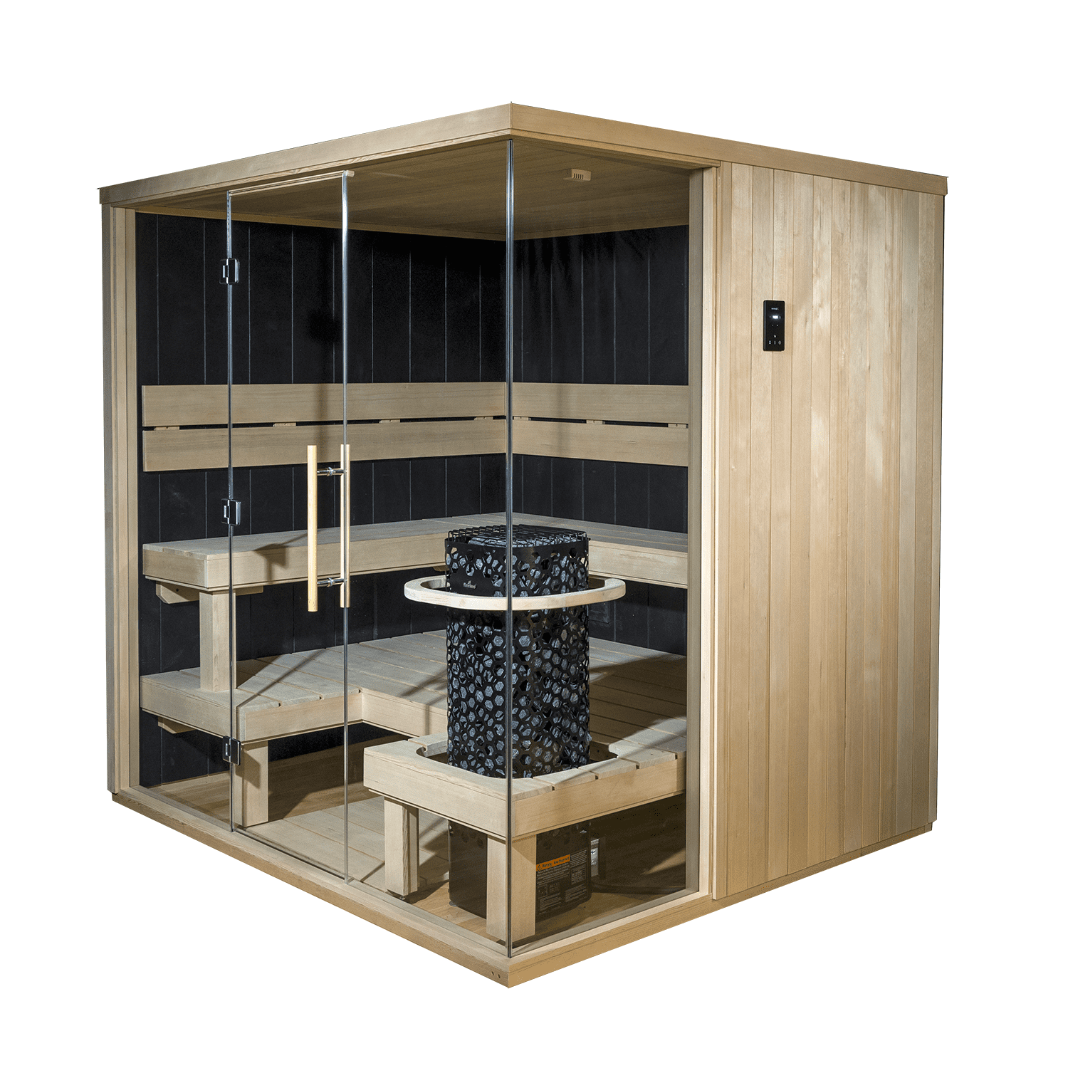 A wooden indoor sauna with glass door, black interior walls, wooden benches, and a heater with stones.
