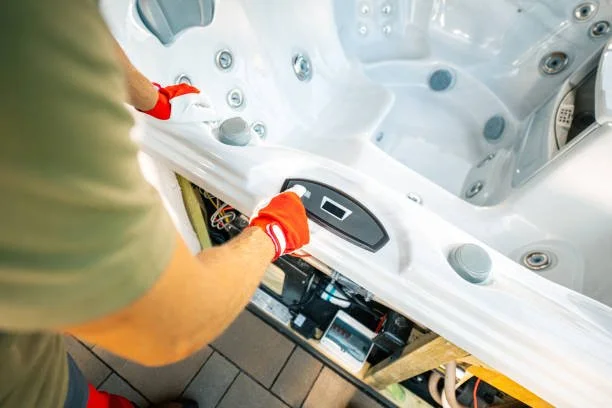 Person wearing gloves installing a control panel in a white hot tub or Jacuzzi.
