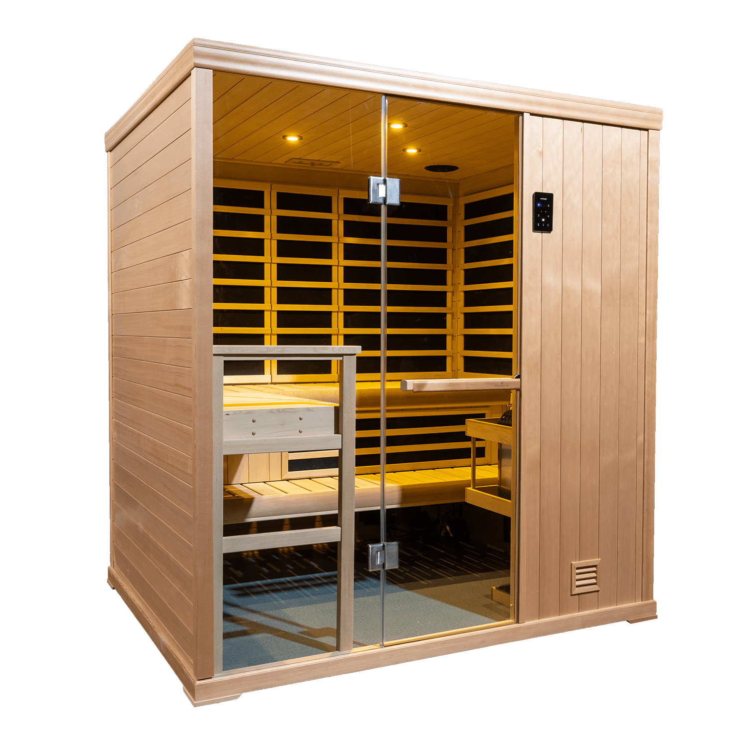 A wooden infrared sauna with glass door, interior heating panels, benches, and control panel.