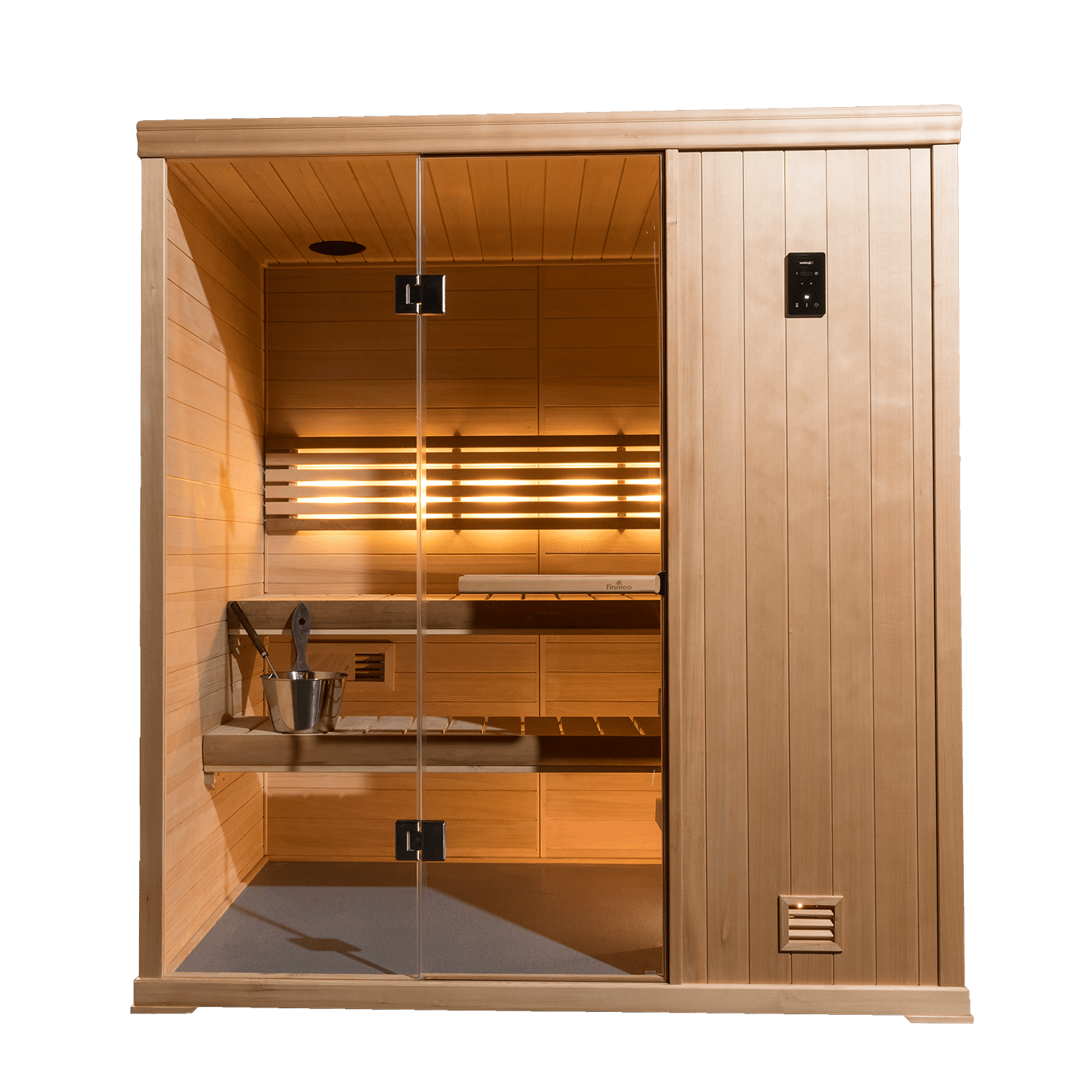 A wooden infrared sauna with a glass door, an interior heater, a metal bucket with a ladle, and a bench with a headrest.