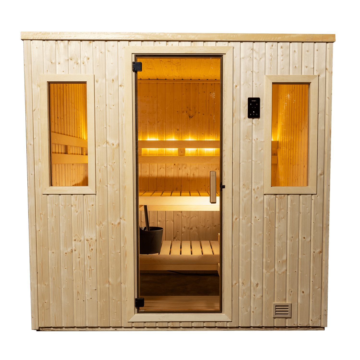A wooden sauna cabin with a glass door, interior lighting, wooden benches, and a small black bucket inside.