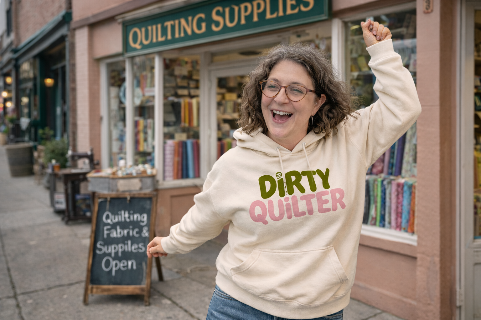 A woman outside a quilting supplies store, smiling and raising her arm in excitement, wearing a hoodie that says 'Dirty Quilter' with a pink and green design.
