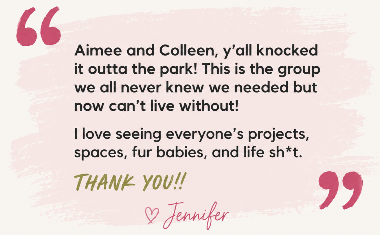 A quote card with pink brush strokes background, featuring a quote from Jennifer praising Aimee and Colleen for their efforts, ending with a thank you note and her signature with a heart.