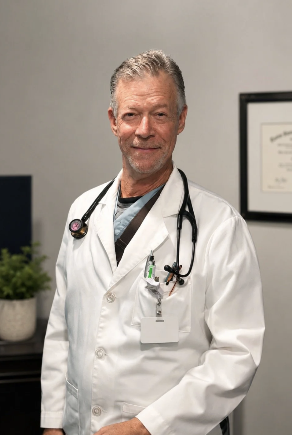Doctor Albert Sharf in a white coat with a stethoscope around his neck, smiling, in a medical office setting with framed certificate on the wall.