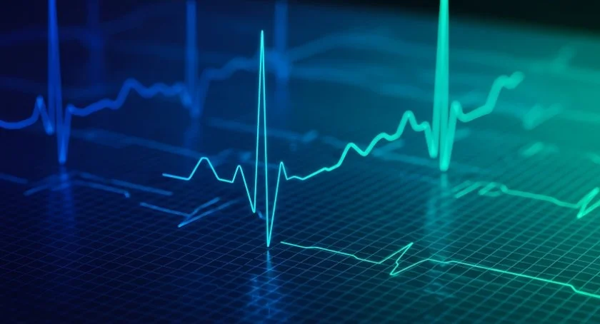 Digital line graph showing heart rate monitor readings on a dark background.