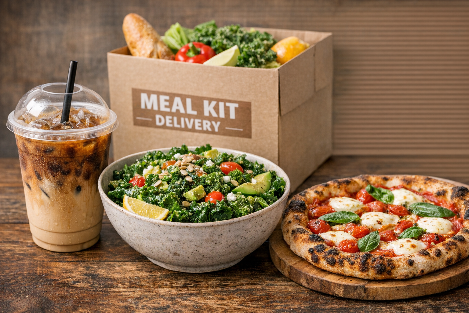 Meal kit delivery with salad, pizza, and iced coffee on rustic wooden table.