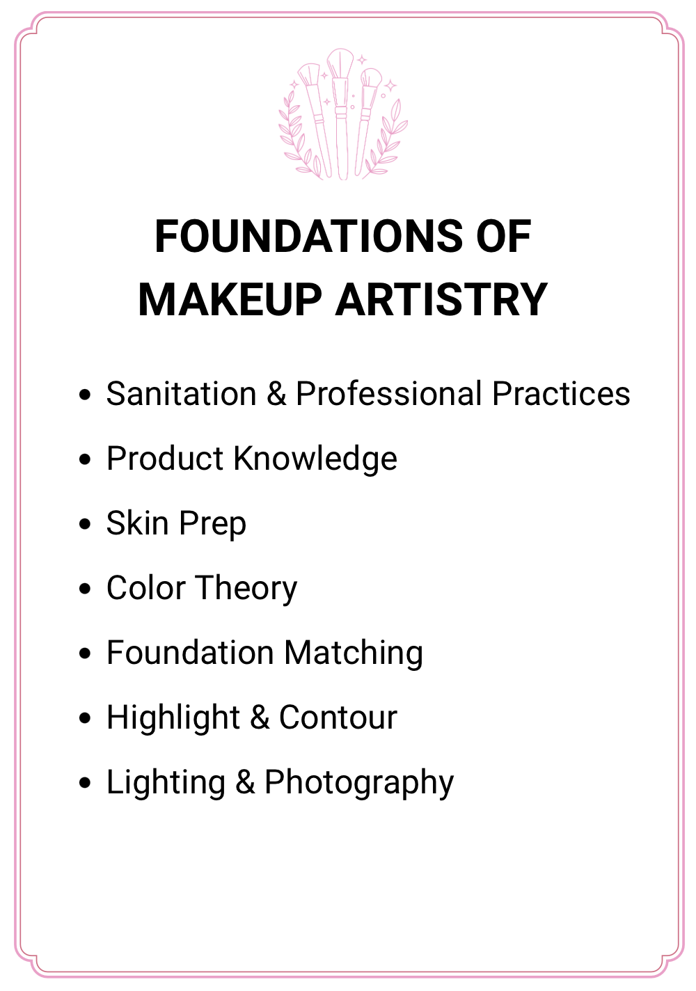 Sanitation & Professional Practices Product Knowledge Skin Prep Color Theory Foundation Matching Highlight & Contour Lighting & Photography