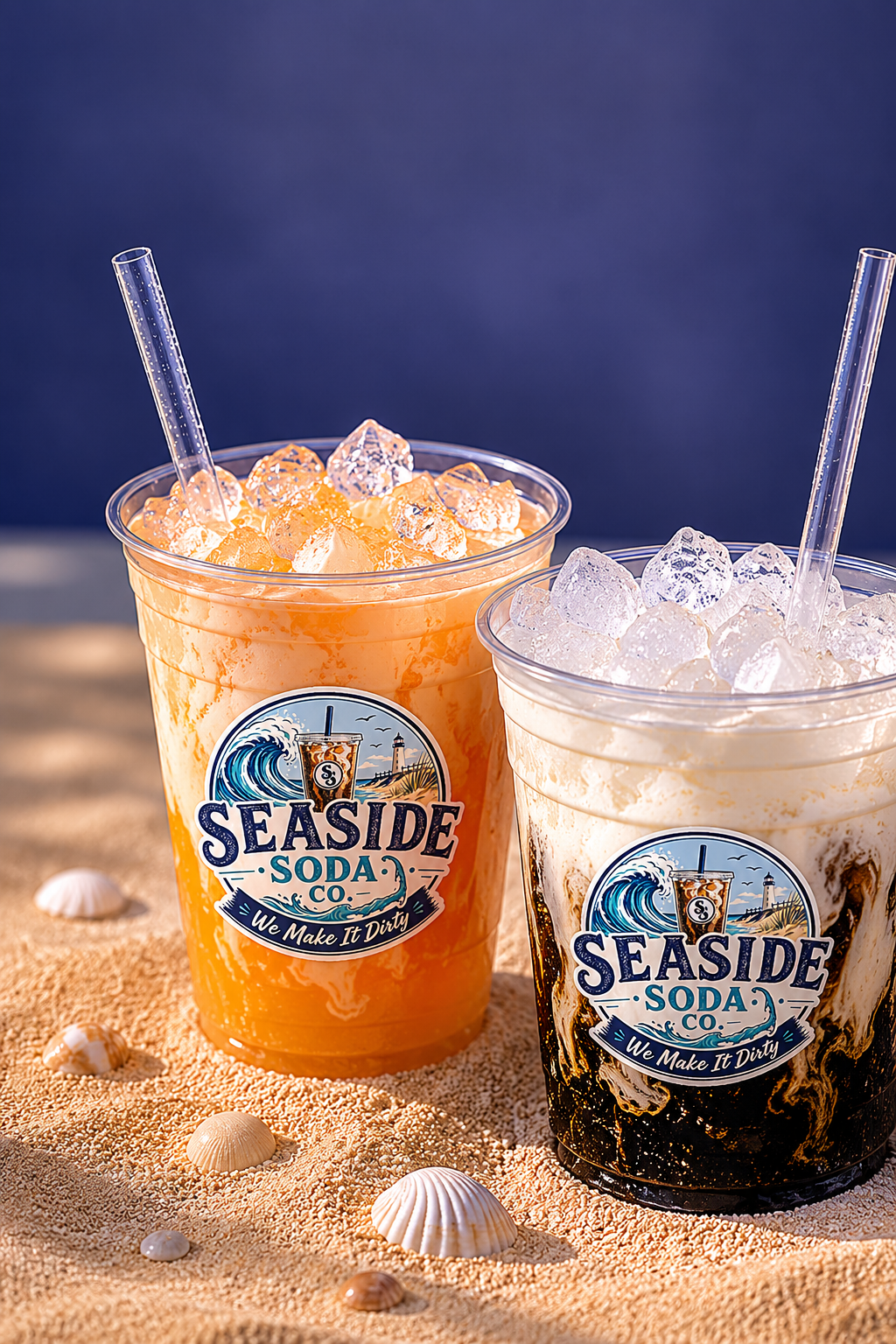 Two cups of soda with ice, one orange and one black and cream, from Seaside Soda Co., on sandy surface with seashells, under clear sky.