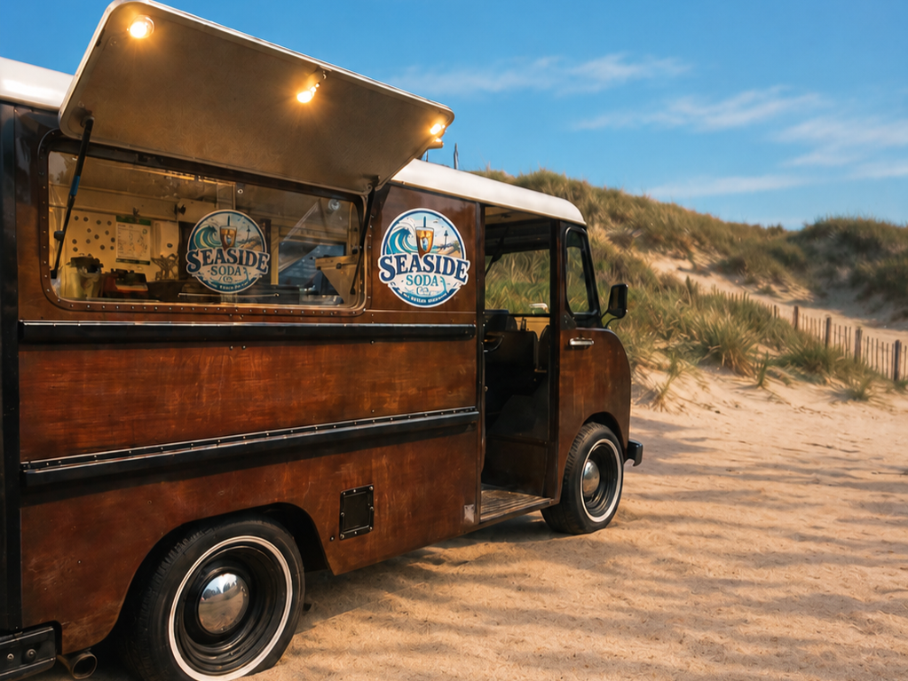 A vintage wooden soda truck with open serving window on a sandy beach with dunes and grass under a blue sky.