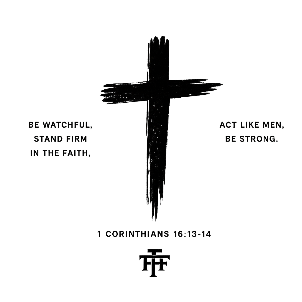 A black cross with an overlaying script font quote from 1 Corinthians 16:13-14: "Be watchful, stand firm in the faith, act like men, be strong." At the bottom, there is a logo with the letters "TFF."