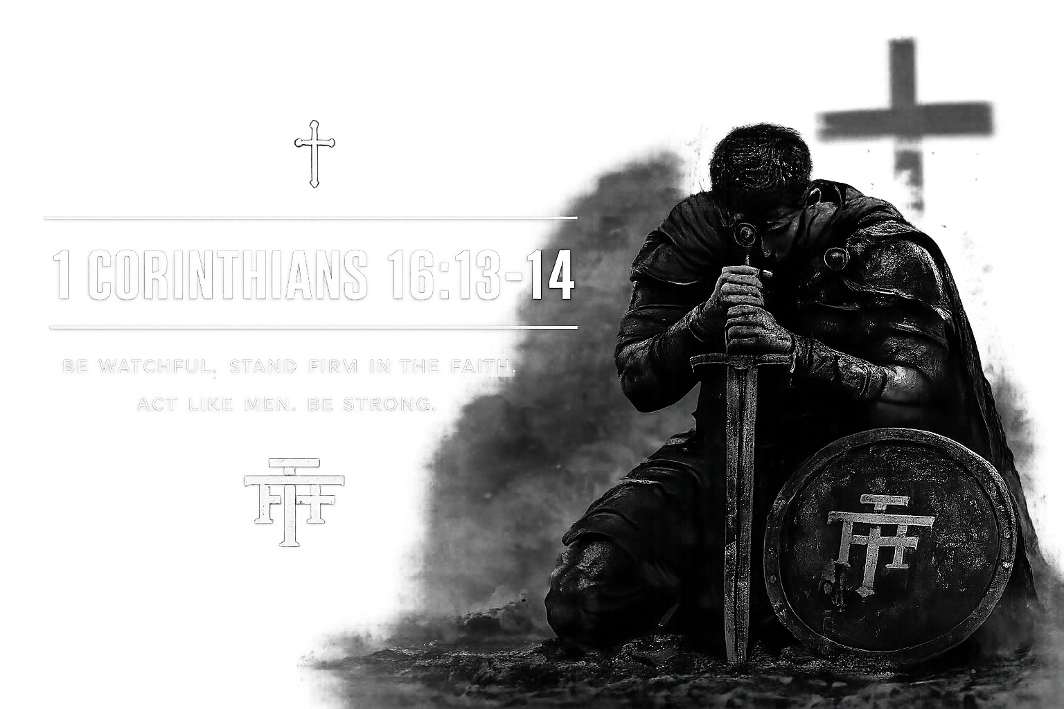 A kneeling soldier in armor holding a sword and shield with a Christian cross emblem, set against a dark, cloudy background. The image includes the Bible verse 1 Corinthians 16:13-14 and encourages faith and strength.