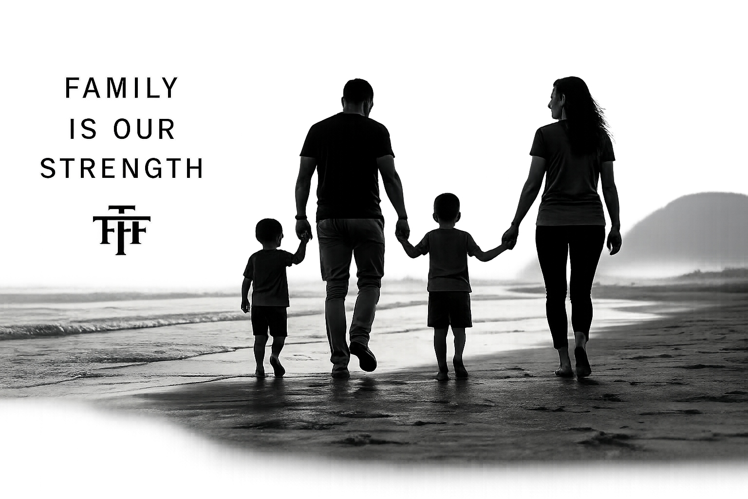 A black and white photo of a family walking on the beach holding hands, with colorful digital glitch effects in the background and the text 'Family is our strength' in the upper left corner.