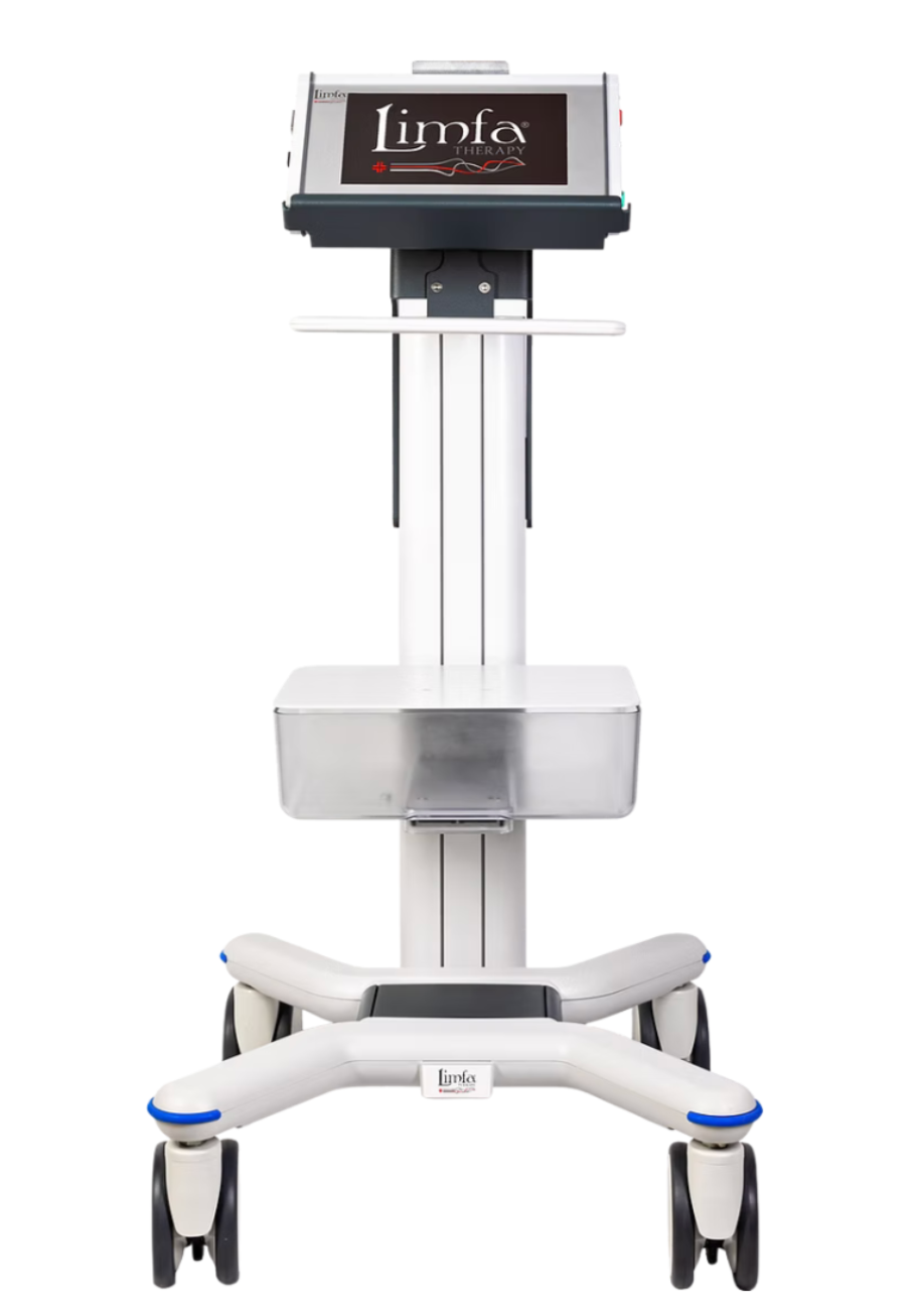 LIMFA Therapy device with a touchscreen on a wheeled stand.