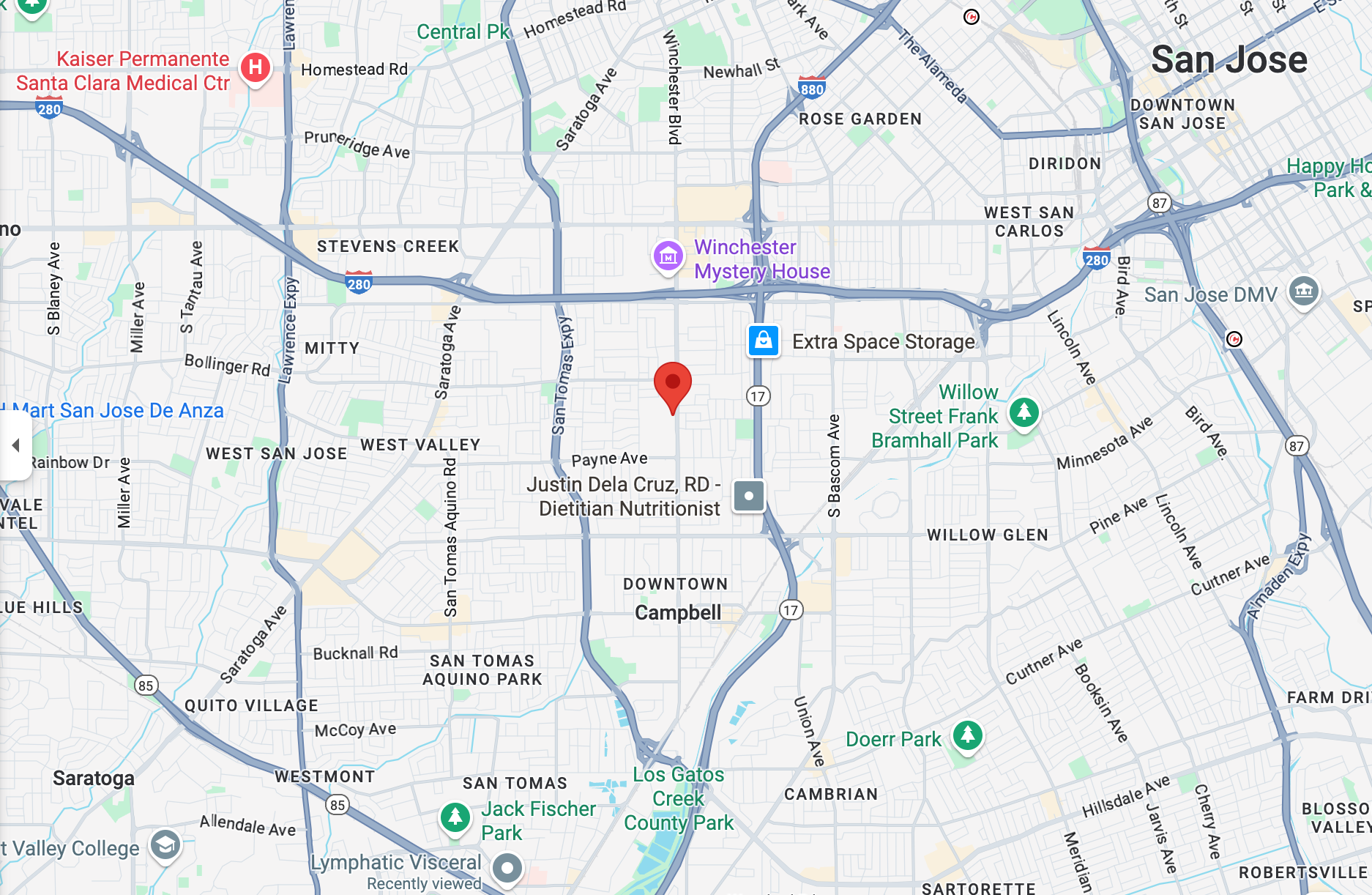 Map showing Lymph Me Up Studio on South Winchester Boulevard in San Jose