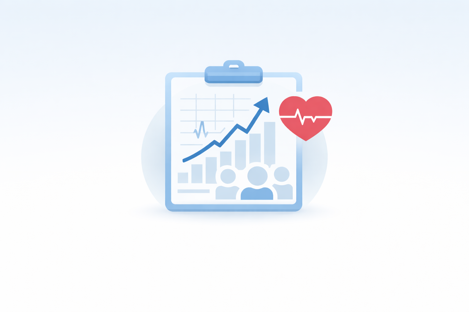 A clipboard displaying a graph with an upward trend, a bar chart, and icons of people with a red heart symbol representing health or wellness.