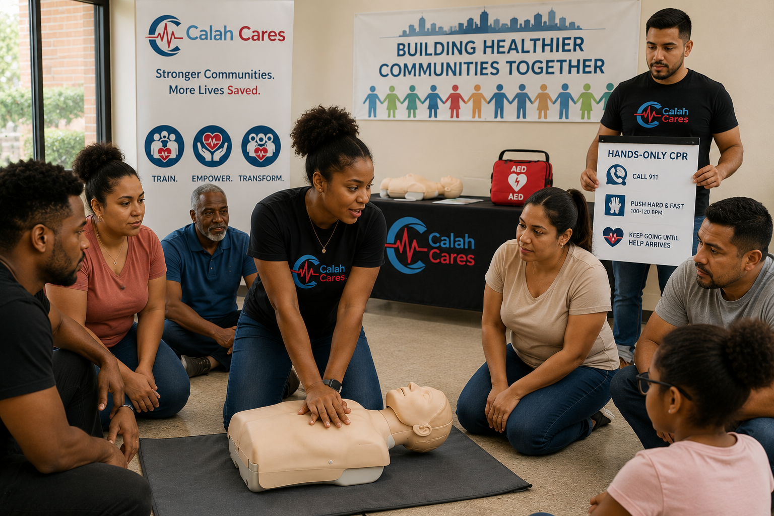 A group of people attending a CPR training class, with a instructor demonstrating CPR on a mannequin. There is a banner in the background with the logo 'Calah Cares' and information about building healthier communities, as well as a sign with hands-only CPR instructions.