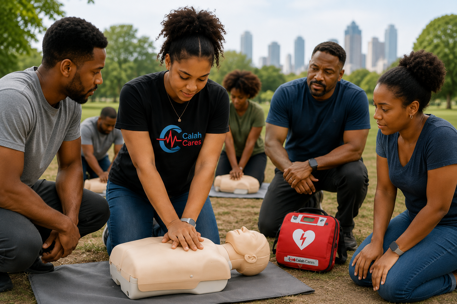 Group of people participating in CPR training outdoors, practicing on a mannequin with an instructor guiding them, on a grassy park with trees and skyscrapers in the background.