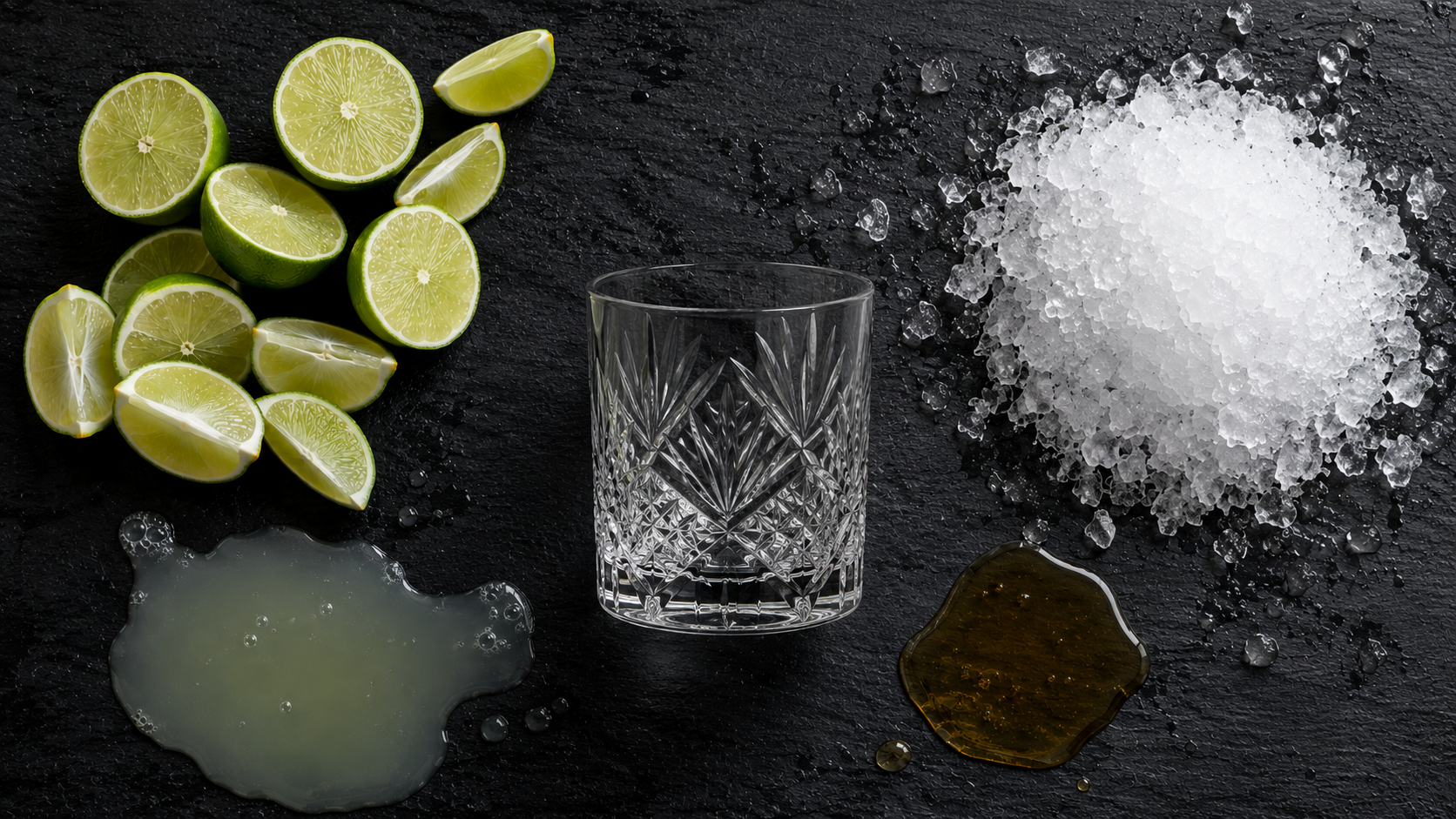 Limes and lime wedges, salt, syrup, and ice on a black surface, with a glass tumbler in the center.