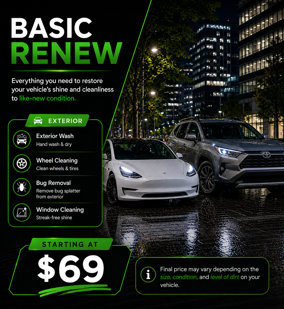 Two cars parked on a wet city street at night, illuminated by streetlights and building lights, with an advertisement overlay for basic vehicle exterior renewal services, including wash, wheel cleaning, bug removal, and window cleaning, with prices starting at $69.
