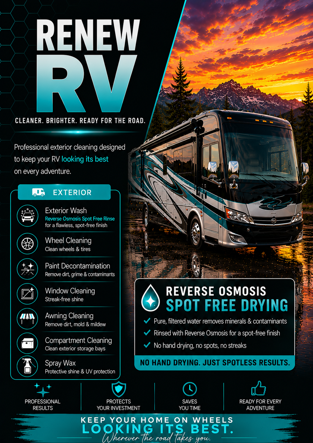 An advertisement for RV exterior cleaning services featuring a large RV and a colorful mountain sunset background. The ad highlights services such as exterior wash, wheel cleaning, paint decontamination, window and awning cleaning, compartment cleaning, and spray wax, emphasizing reverse osmosis spot free drying for a spotless finish.