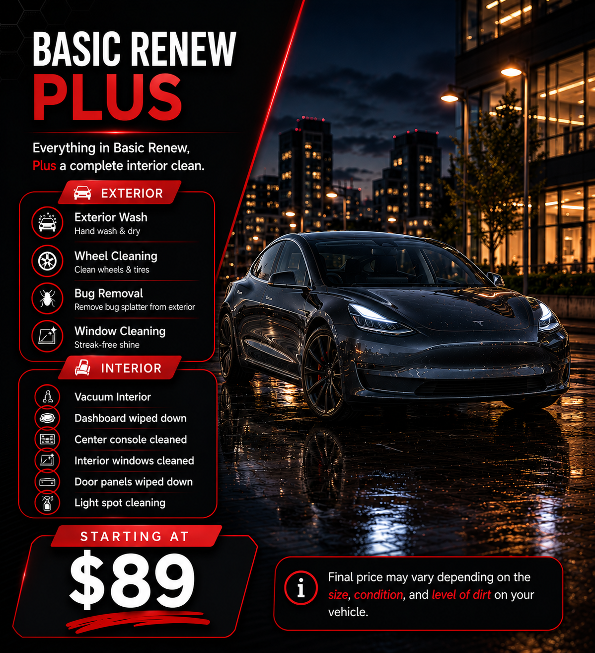 An advertisement for car detailing services with a sleek black electric vehicle parked on a wet city street at night, illuminated by streetlights and building lights in the background.