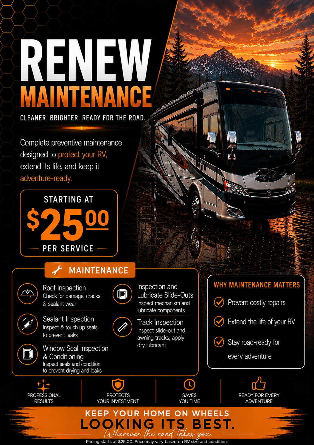 An advertisement promoting RV maintenance services with a scenic mountain and sunset background. The ad emphasizes renewing maintenance for RVs, starting at $25 per service, and highlights various maintenance checks like roof inspection, sealant inspection, window seal inspection, lubrication, and track inspection. It also lists reasons why maintenance is important, such as preventing costly repairs and extending the RV's life.