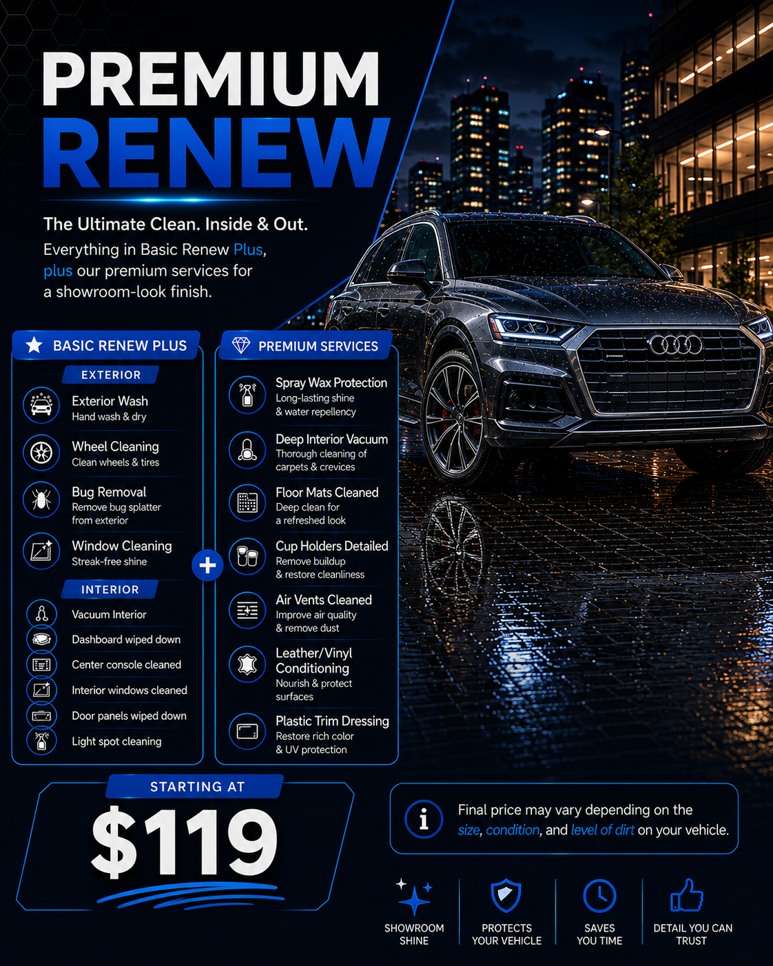 A nighttime cityscape with a black Audi car parked on wet pavement reflecting city lights, with a promotional flyer for a premium car cleaning service titled 'Premium Renew' displayed beside it.