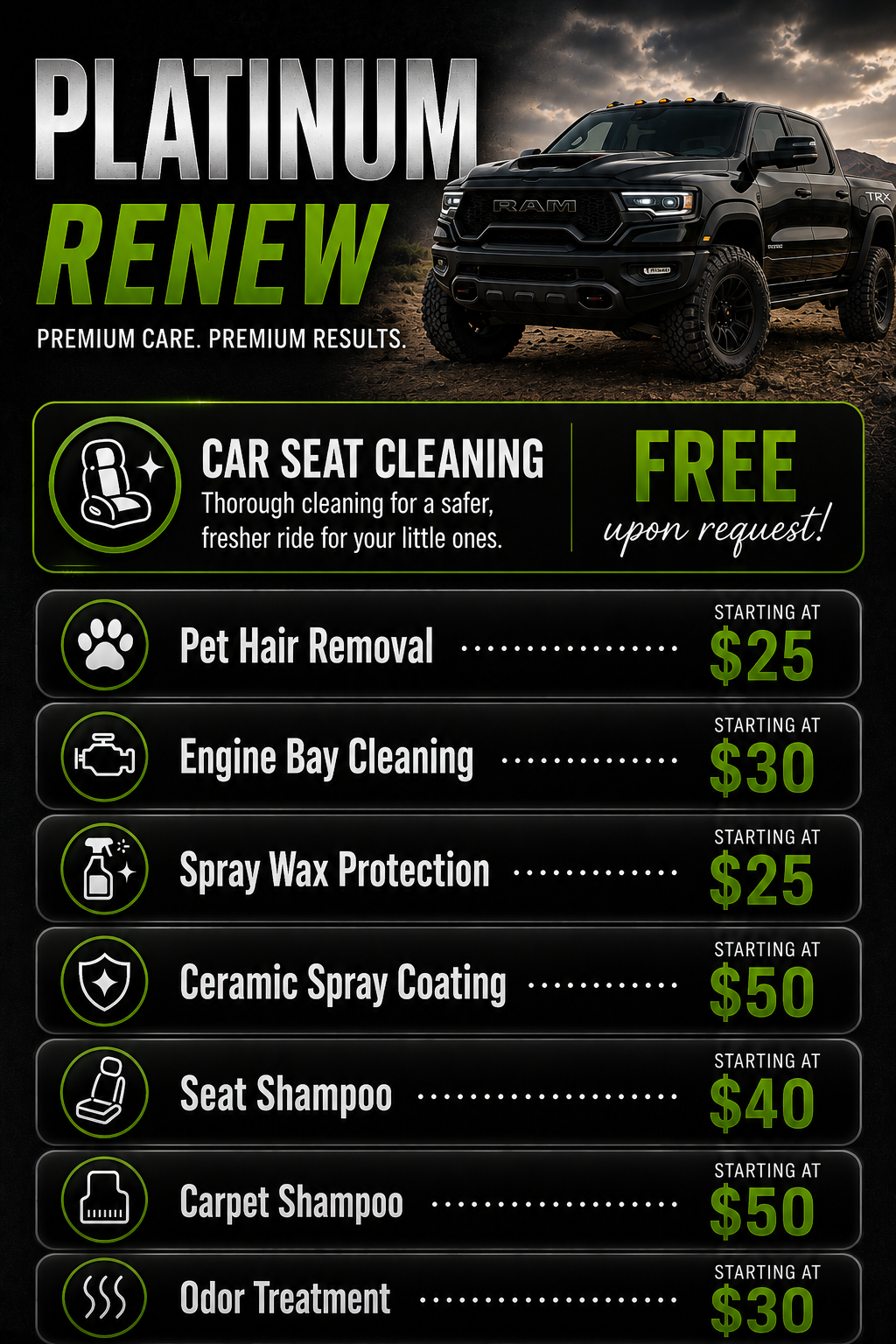 Advertisement for a car care service with a black truck outdoors and a list of cleaning and protection services with prices.