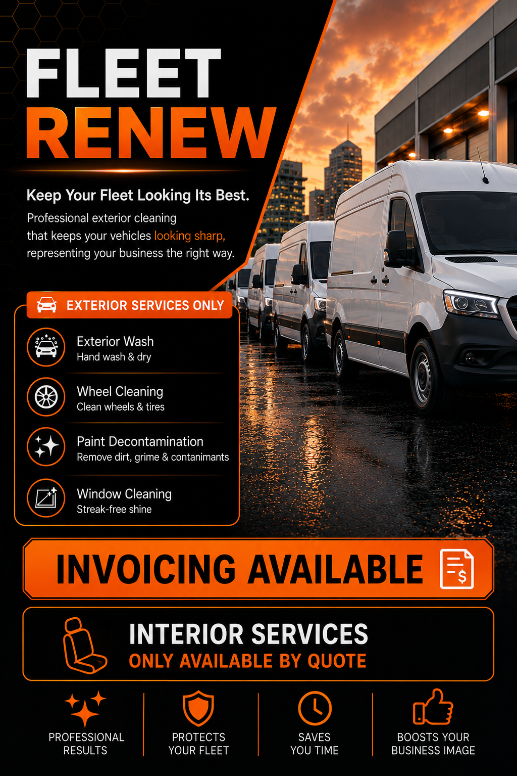 Fleet vehicle exterior cleaning services advertisement featuring white vans parked outdoors at sunset, with service details and pricing highlighted in orange and black sections.