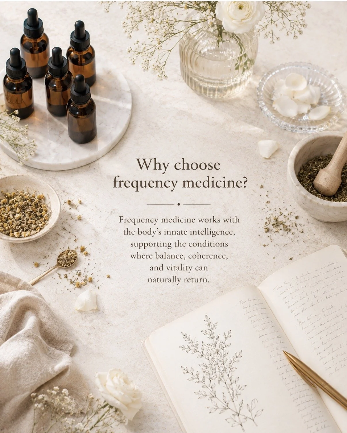 A flat lay of herbal remedies, essential oils in amber bottles, flowers, and a journal on a light-colored surface, with text about the benefits of frequency medicine.