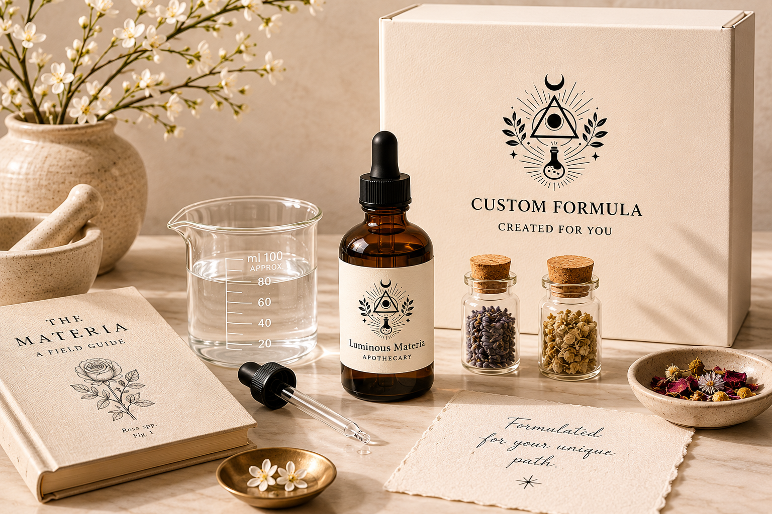 A set of apothecary items, including a brown dropper bottle labeled 'Luminous Materia Apothecary,' a glass beaker with water, two small glass jars with cork lids containing dried herbs or flowers, a book titled 'The Materia: A Field Guide' with a floral illustration, a small dish with flower petals, a handwritten note with a motivational message, a bowl of dried flowers, a vase with white flowers, and a box labeled 'Custom Formula Created for You' with a mystical symbol on it.