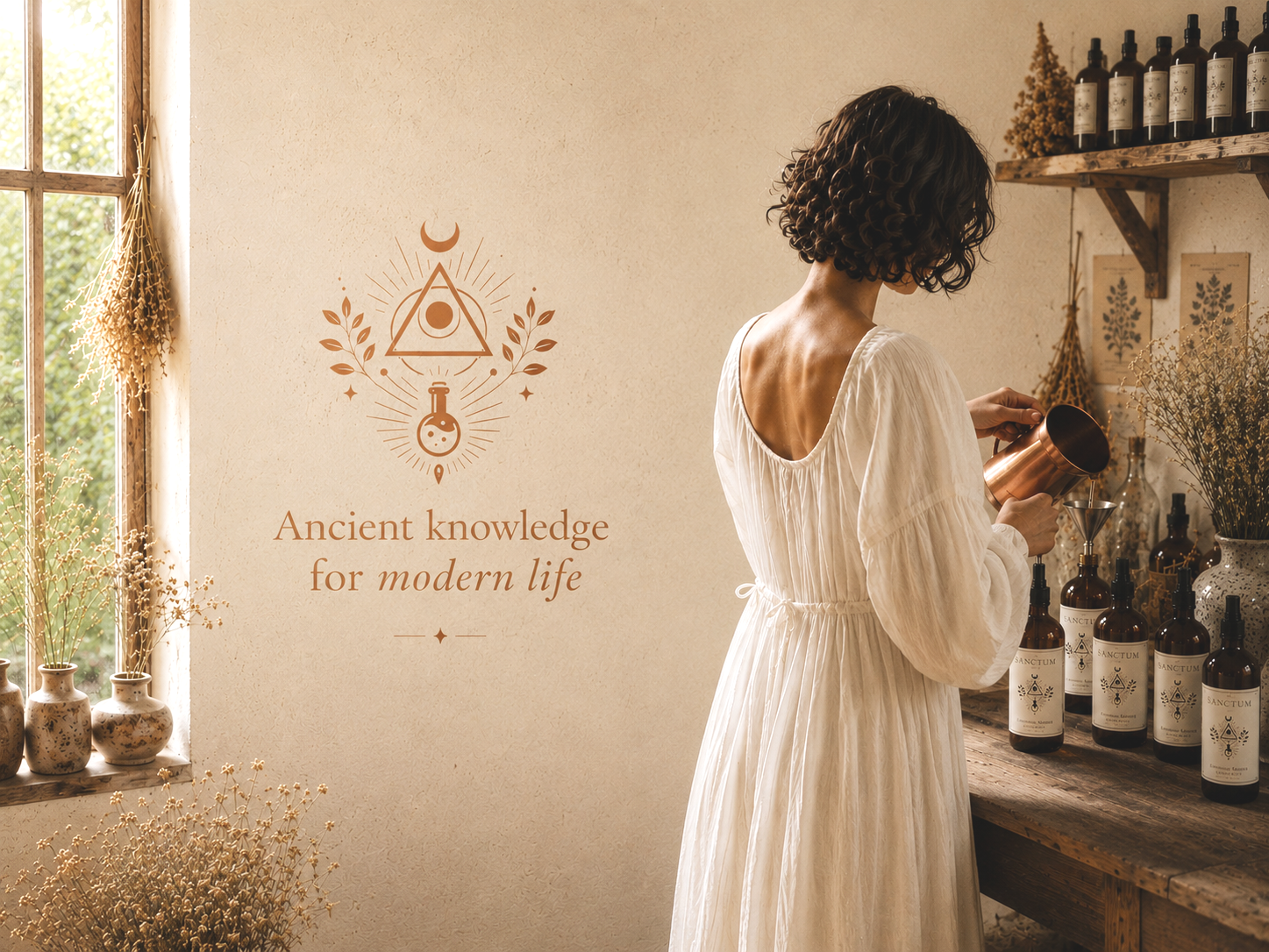 Woman pouring liquid into a glass dropper bottle in a room with natural light, shelves of dark bottles, and dried plants, with a wall sign reading 'Ancient knowledge for modern life' and symbolic graphics.