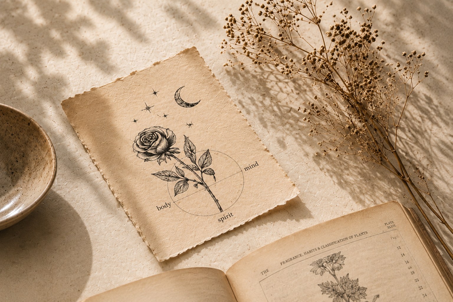 A vintage sketch of a rose with stars and a crescent moon above it, labeled with 'body,' 'mind,' and 'spirit,' on textured paper, surrounded by dried flowers, an open book, and a speckled ceramic bowl, with soft shadows.