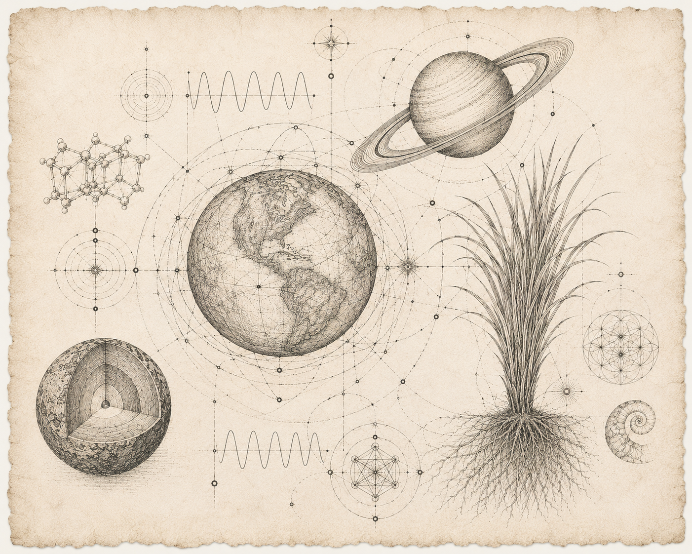 A vintage-style scientific illustration featuring Earth, a planet with rings, a plant with roots, molecular structures, geometric patterns, and waveforms.