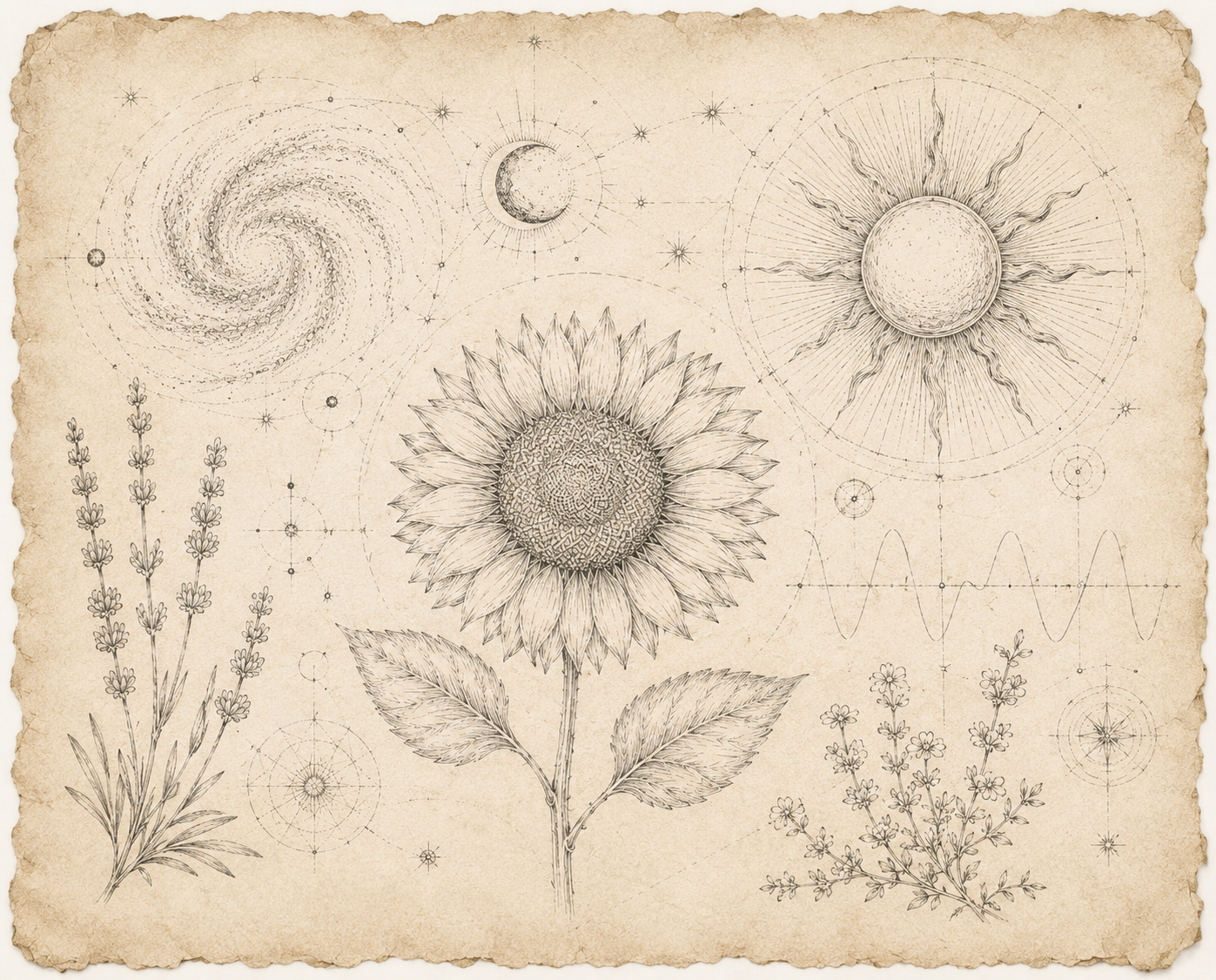 An vintage-style illustration of sunflowers, lavender, and thyme with planets, stars, and geometric diagrams in the background.