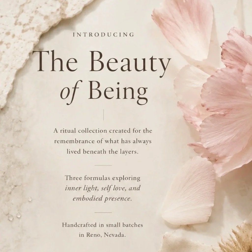 An advertisement for a ritual collection called 'The Beauty of Being,' featuring soft pink flower petals, creamy shells, and a textured beige background.
