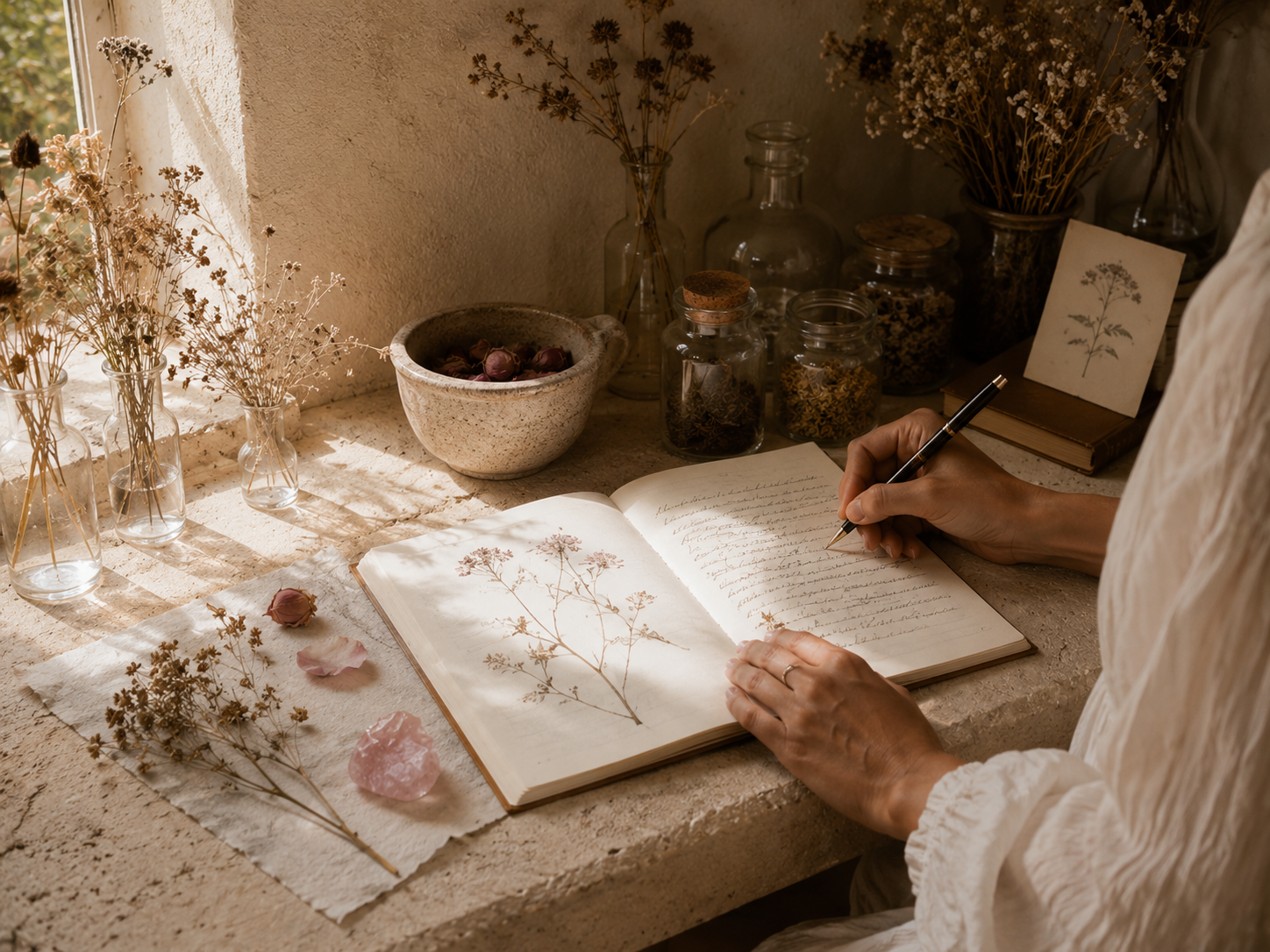 A person seated at a rustic table writing in an open journal with botanical illustrations. The table is decorated with dried flowers in glass bottles, jars, a bowl with dried rosebuds, and a crystal. Sunlight streams through a nearby window, casting shadows on the desk.