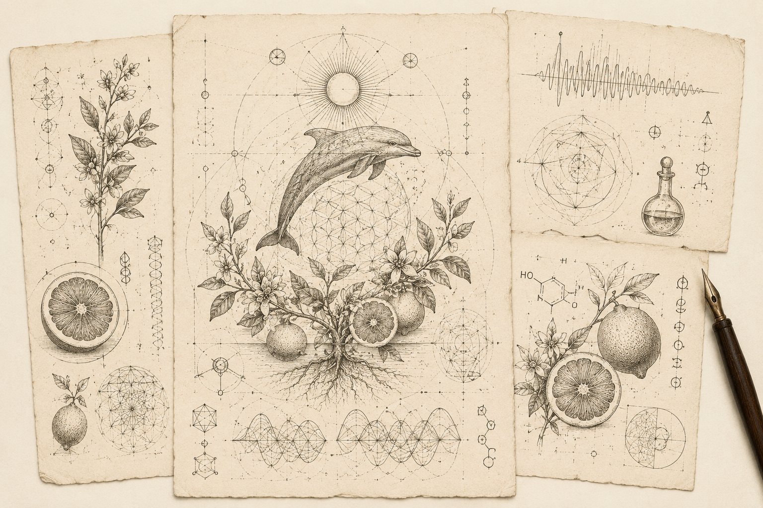 Vintage scientific sketches on aged paper, including an illustration of a dolphin, citrus fruit slices, plants with leaves and flowers, geometric diagrams, and a small potion bottle, with a fountain pen laying on the bottom right corner.