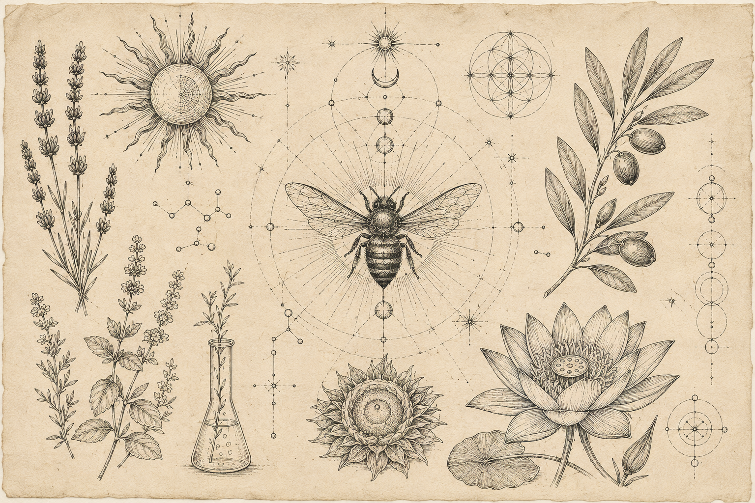 Vintage scientific illustration featuring various plants, a bee at the center with radiating lines, celestial symbols, geometric patterns, a sun, and a laboratory flask.