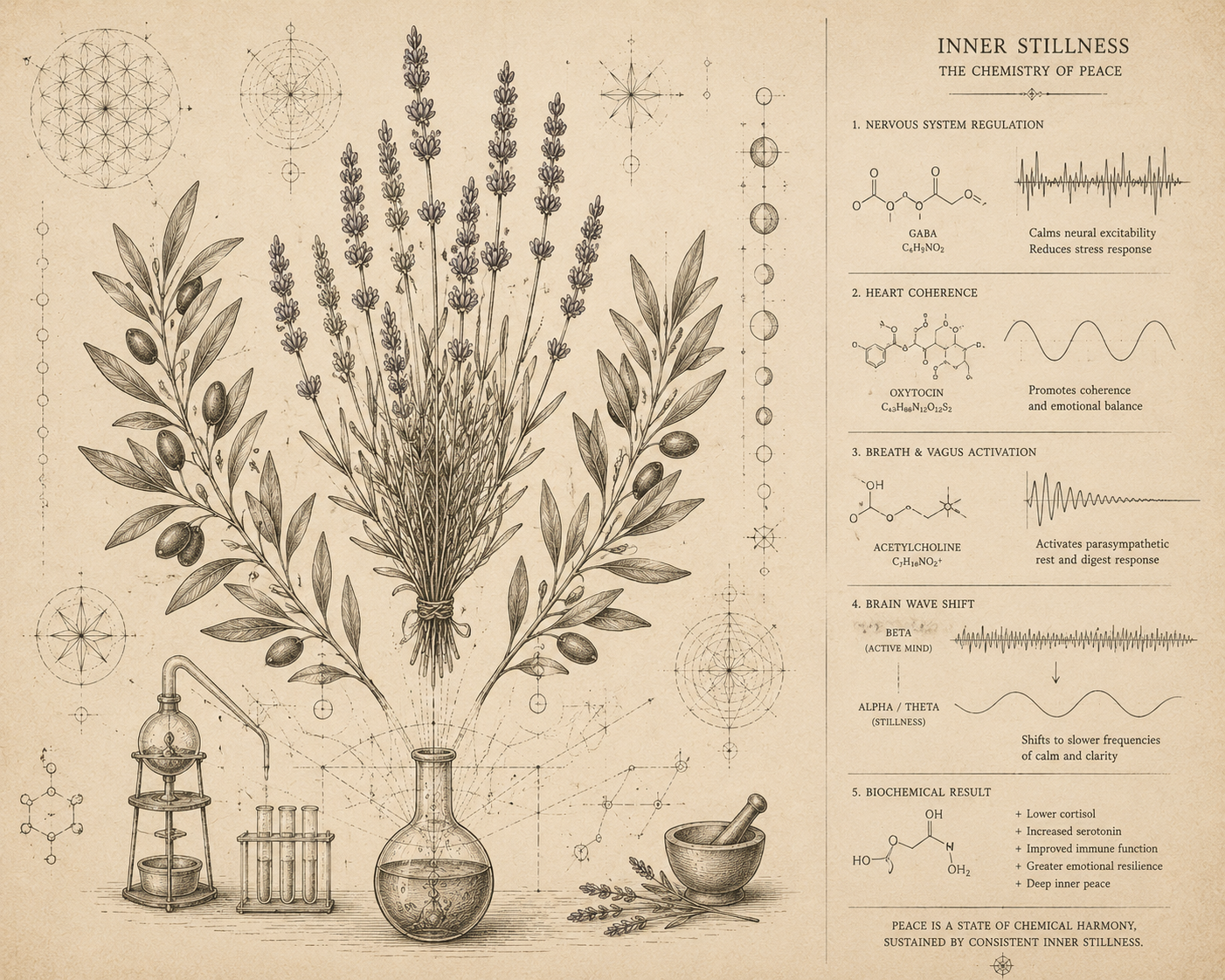 Illustration of a bouquet of lavender with scientific icons and chemistry formulas around it. On the right side, a list titled 'Inner Stillness: The Chemistry of Peace' describes effects of various natural compounds, such as calming the nervous system, promoting emotional balance, activating rest response, shifting brain waves, and biochemical results like lower cortisol and increased serotonin.