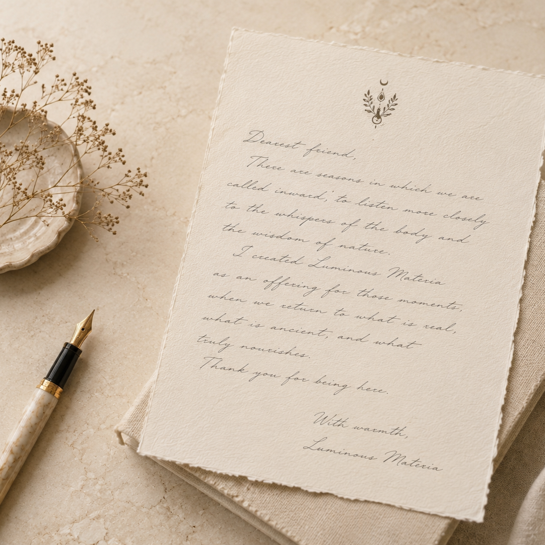 A handwritten letter on textured paper with a floral emblem at the top, placed on a beige surface next to a plate with dried flowers and a fountain pen.