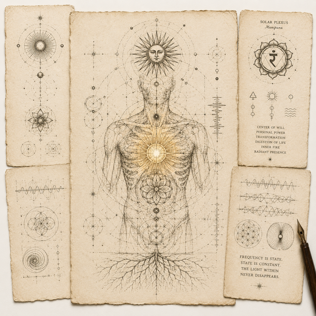 An illustration of a human body with spiritual and cosmic symbols, highlighting the chakras and energy points, with various diagrams and notes related to energy and consciousness.