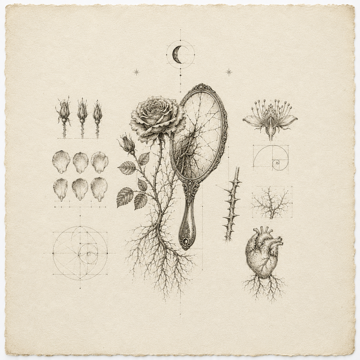 Vintage botanical drawing of a rose with roots, a mirror, and other plant sketches, including a flower, a leaf arrangement, and a heart with anatomical details.