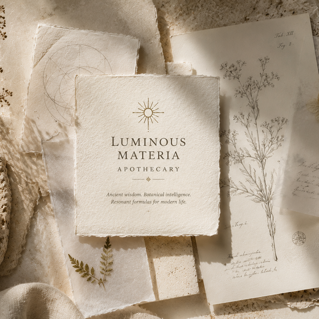 A greeting card with the text 'Luminous Materia Apothecary' and a sun illustration, surrounded by botanical drawings, sketches, and textured paper, along with dried leaves and flowers, creating a vintage and natural aesthetic.