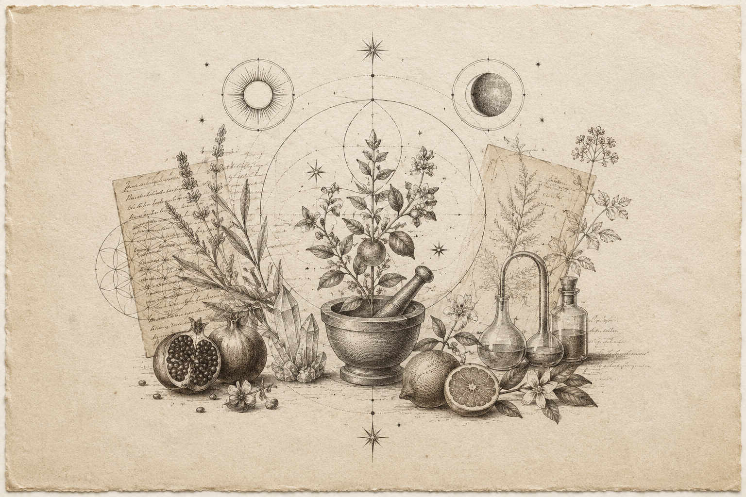 A vintage botanical illustration featuring potted plants, citrus fruits, pomegranate, laboratory glassware, and scientific sketches.