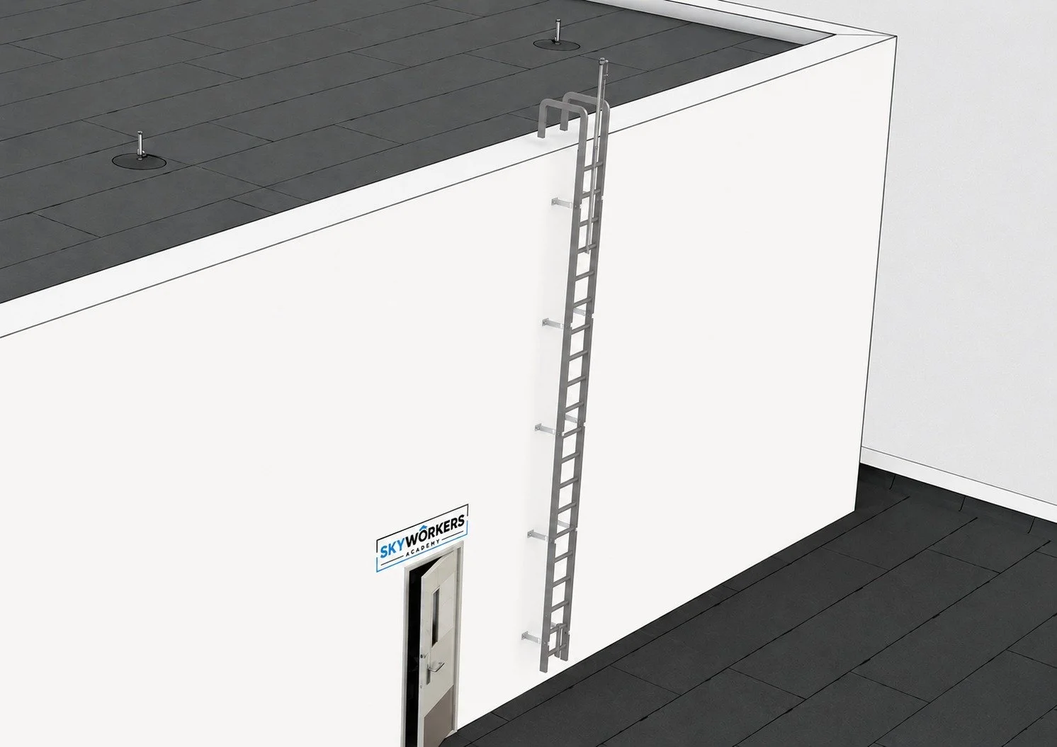 Kletterleiter an weißer Wand mit Skyworks-Logo und grauem Dachboden im Hintergrund.