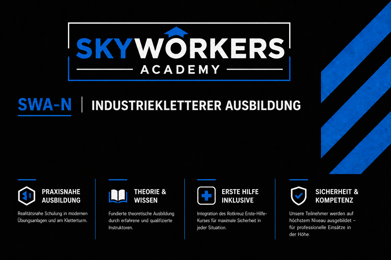 Schild mit dem Logo der Sky Workers Academy, bietet Ausbildung zum Industrieskletterer (SWA-N), inklusive Theorie, Praxis, Erste Hilfe und Sicherheit, mit blauen Akzenten auf schwarzem Hintergrund.