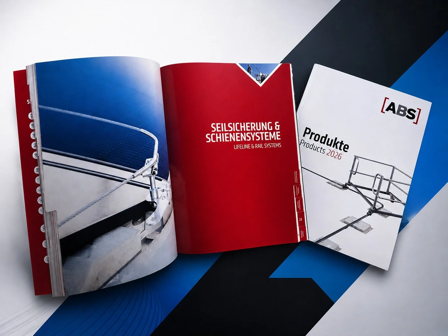 Broschüren für Seilsicherungssysteme, Schienensysteme und Produkte der Firma [ABS].