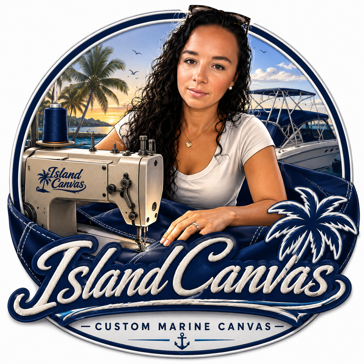 A woman with long dark curly hair wearing sunglasses and a white shirt, sitting at a sewing machine with a tropical island and boat in the background, promoting custom marine canvas services.
